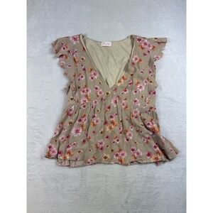 Pink Lily Boutique Womens Medium Floral Vneck Flowy Ruffled Cotton Blouse